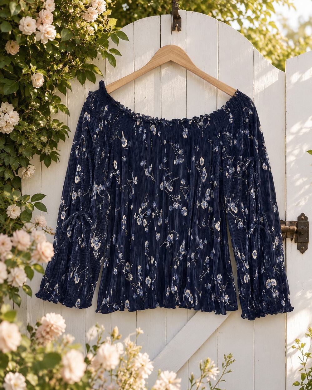 Lauren Conrad LC Navy Floral Pleated Off-Shoulder Blouse Size Large